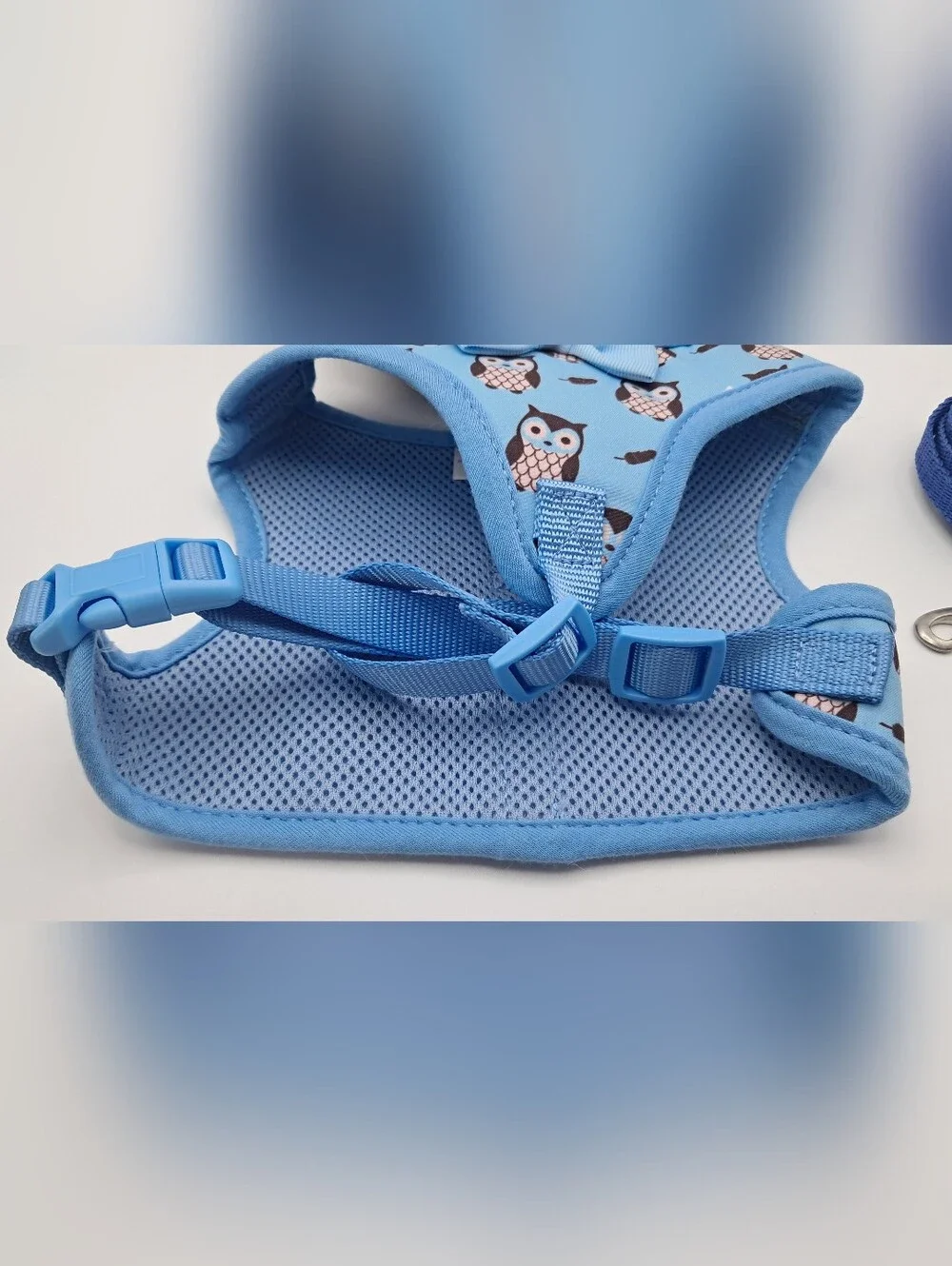 Cute Blue Owl Print Bowtie Pet Harness with 4 ft Leash Small Dog Cat 10